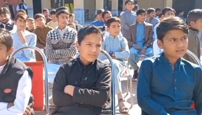 Children and participants listen during an art Gala organised by Alkhidmat Foundation at Degree College Batkhela in this still on November 12, 2023. — Facebook/Al-Khidmat Foundation District Malakand