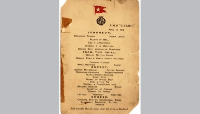 This photo shows the Titanic menu from April 14, 1912. — AFP