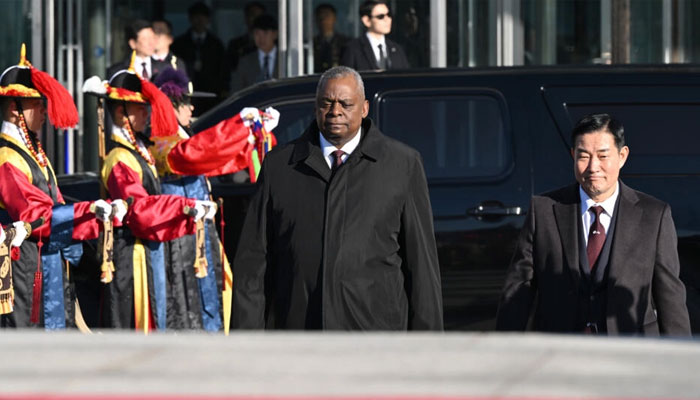 US Secretary of Defense Lloyd Austin (C) is in Seoul for an annual security meeting with his South Korean counterpart Shin Won-sik (R). — AFP