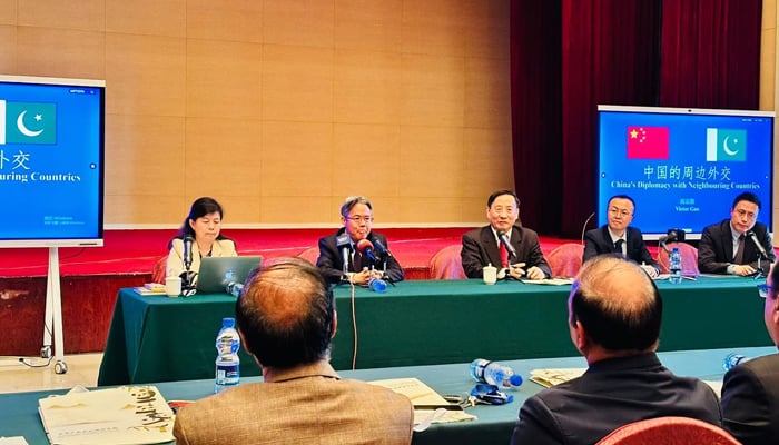 A leading Chinese scholar Zhikai Gao speaks during a select gathering of journalists and members of a think-tank on November 13, 2023, in Islamabad. — INP