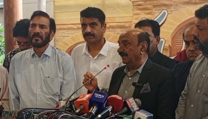 Sindh caretaker local government minister Muhammad Mubeen Jumani speaks with the media at the Karachi Press Club after meeting KPC officials in Karachi in this still on November 14, 2023. — Facebook/Muhammad Mubeen Jumani