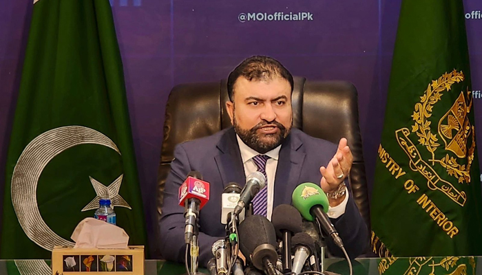 Caretaker Interior Minister Sarfaraz Ahmed Bugti speaks to the media in this image released on October 26, 2023. —  X/@MOIofficialGoP