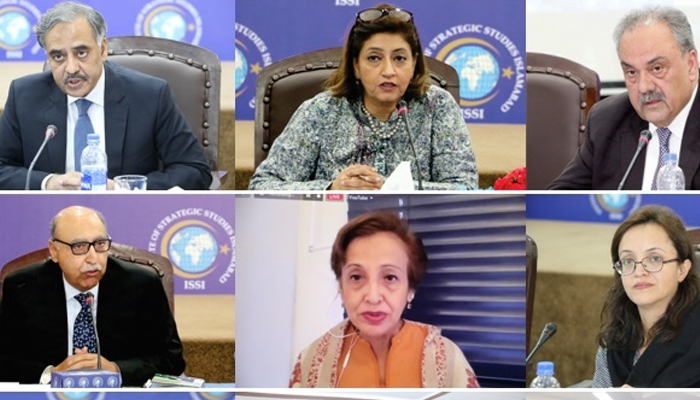 Former Foreign Secretary Tehmina Janjua (C-Bottom) speaks during a session organised by the ISSI while other participants listen on November 15, 2023. — Facebook/Institute of Strategic Studies Islamabad