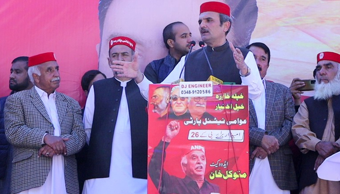 Awami National Party leader and former chief minister Ameer Haider Khan Hoti speaks during the workers’ convention in PK-28 in Shangla on November 15, 2023. — Facebook/Awami National Party