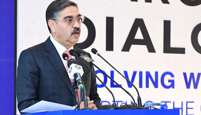 Caretaker Prime Minister Anwaar-ul-Haq Kakar addressing the annual Margalla Dialogue 2023 conference on Nov 15, 2023. — PID