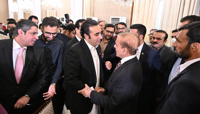 PMLN president Shehbaz Sharif (R) meets with the PPP Chairman Bilawal Bhutto-Zardari in this image released on April 20, 2022. — Facebook/Bilawal Bhutto Zardari