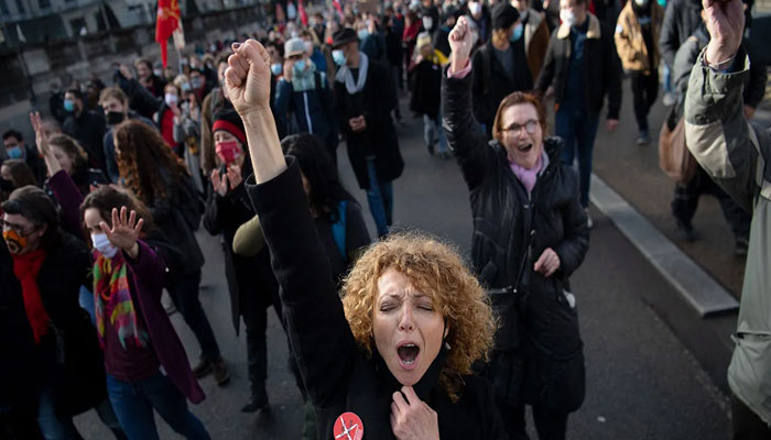 Entertainment industry workers demonstrate in Nantes, France, on Feb. 4 as part of a nationwide day of protests for the preservation and development of employment and public services.— AFP