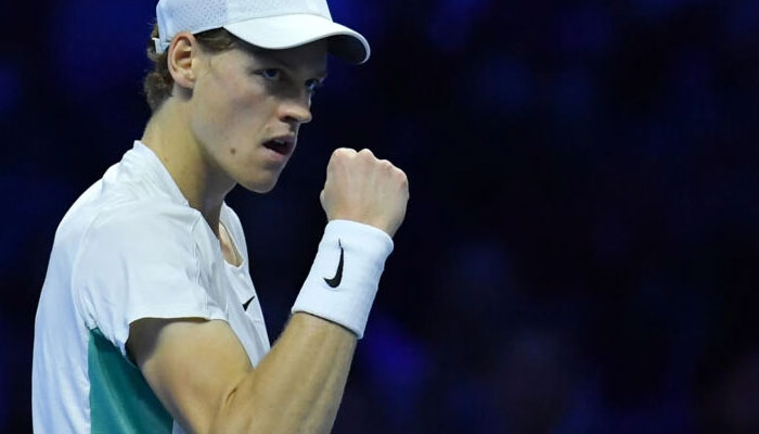 Italys Jannik Sinner celebrates a point against Greeces Stefanos Tsitsipas at the ATP Finals in Turin. — AFP