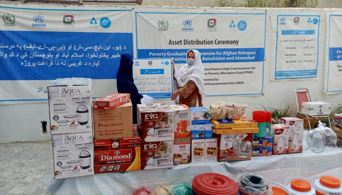 A female Afghan refugee receives a productive livelihood asset in this image on November 11m 2023. — Facebook/Pakistan Poverty Alleviation Fund