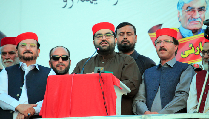 ANP leader Aimal Wali Khan speaks during a workers convention in PK-25 Gadezai in Buner on November 16, 2023. — Facebook/Awami National Party