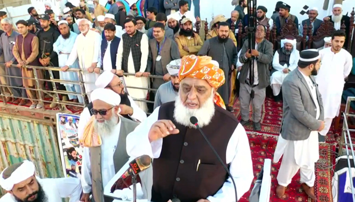 JUIF chief Maulana Fazlur Rahman speaks while inaugurating a mass contact drive for the upcoming general election in Nowshera on November 16, 2023. — Facebook/Maulana Fazl ur Rehman