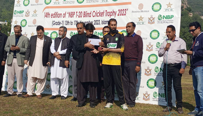 The image shows a glimpse of the prize distribution ceremony after the National Bank of Pakistan (NBP) National T20 Blind Cricket tournament at the Shalimar Ground on nOV 17, 2023. — Facebook/forex.trader.75470