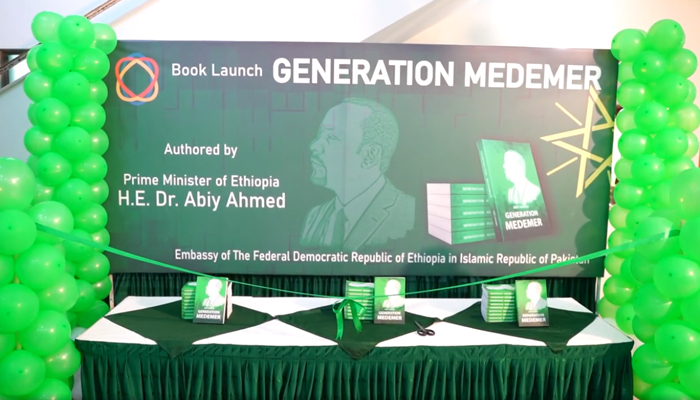 This still taken from a video released on November 17, 2023, shows a book launching ceremony ‘Medemer Generation’, authored by Ethiopian PM Dr Abiy Ahmed. — Facebook/Ethiopia Embassy Islamabad