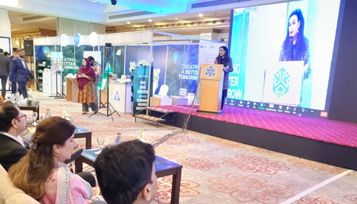 Senator Sherry Rehman addresses during the First Sustainability Investment Expo 2023 in Islamabad on November 19, 2023. — Facebook/Punjab Social Protection Authority