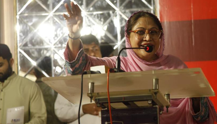 Faryal Talpur, president the Pakistan Peoples Party’s Women Wing and former MNA speaks during a public meeting in this image on May 24, 2023. — Facebook/Faryal Talpur