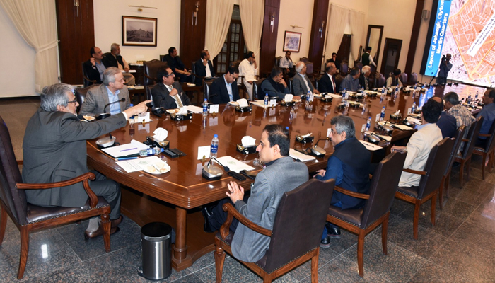 Caretaker Sindh CM Justice (R) Maqbool Baqar presides over a meeting regarding Martin, Clayton, Jamshed and Pakistan quarters at CM House on November 22, 2023. — X/@SindhCMHouse