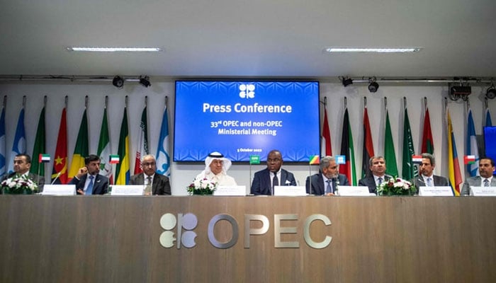 Representatives of OPEC member countries attend a press conference after the 45th Joint Ministerial Monitoring Committee and the 33rd OPEC and non-OPEC Ministerial Meeting in Vienna, Austria, on October 5, 2022. — AFP