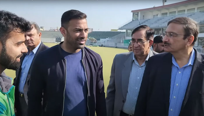 The screenshot shows Pakistan Cricket Board (PCB) Management Committee (MC) chairman Zaka Ashraf and chief selector Wahab Riaz meeting the players at the Pindi Stadium  on Nov 24, 2023. —YouTube/Pakistan Cricket