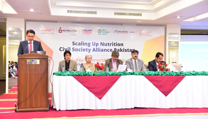 A speaker shares his thoughts during SUNCSAs Annual General Meeting in Islamabad on November 23, 2023. — Facebook/Scaling Up Nutrition Civil Society Alliance, Pakistan