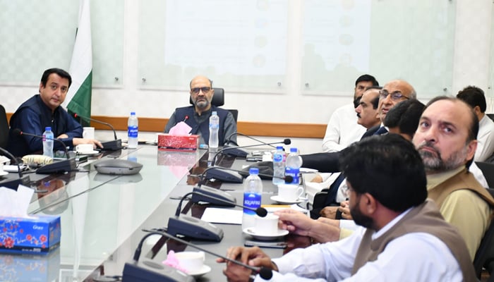 Caretaker Minister for Newly Merged Districts Affairs, Industries, Commerce, and Technical Education, Dr Aamer Abdullah chairs a meeting in this image on September 19, 2023. — Facebook/Khyber Pakhtunkhwa Industries, Commerce & Technical Education Department