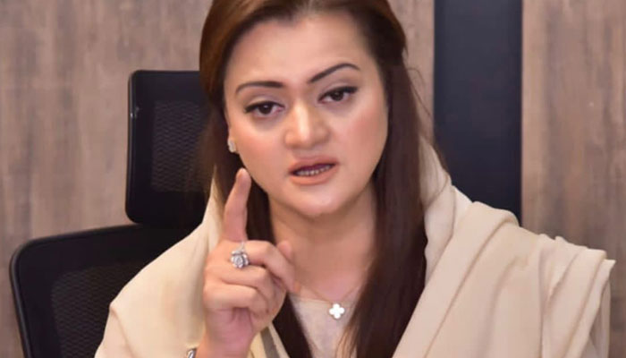 Former Information Minister Marriyum Aurangzeb photographed addressing a press conference on October 3, 2022. —PID