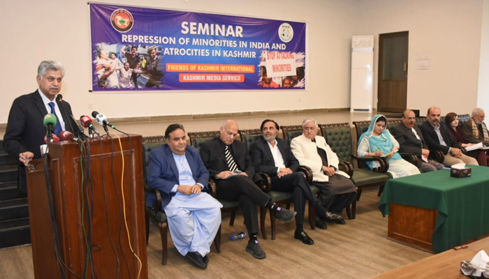 Caretaker Federal Minister for Information, Broadcasting and Parliamentary Affairs Murtaza Solangi speaks during the seminar, Repression on minorities in India and atrocities in Kashmir, on November 29, 2023. — Facebook/PTV World