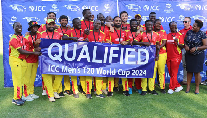 Uganda cricket team rejoices after defeating Rwanda in Windhoek, Namibia, on November 29, 2023, to qualifying for the next years T20 World Cup in West Indies and the United States. — Uganda Cricket Association