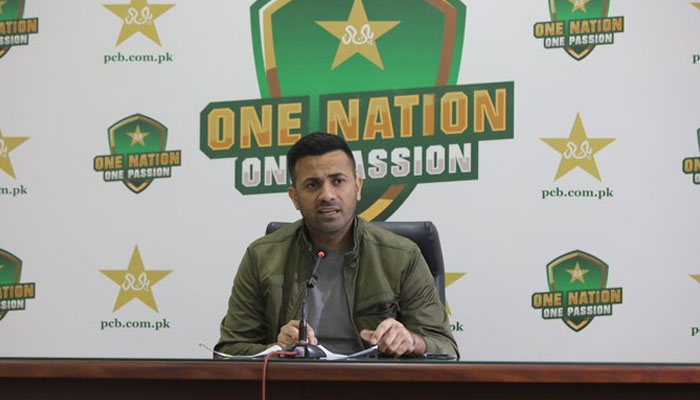 Chief selector Wahab Riaz addresses a press conference. —x/TheRealPCB