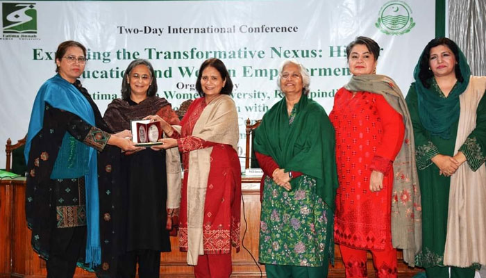 The image shows a glimpse from the two-day international conference titled “Exploring the Transformative Nexus: Higher Education and Women Empowerment” concluded at Fatima Jinnah Women University (FJWU) in Rawalpindi, Pakistan on Dec 1, 2023. —Facebook/ba.tool.39566