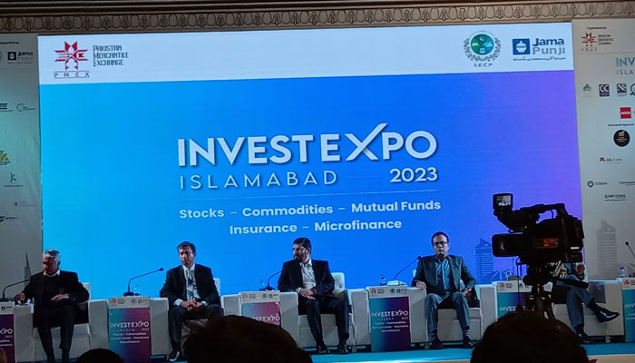 The image shows an in-progress session during the InvestExpo 2023 Islamabad hosted by the Pakistan Mercantile Exchange (PMEX) on Dec 2, 2023. —Facebook/Saad Malik