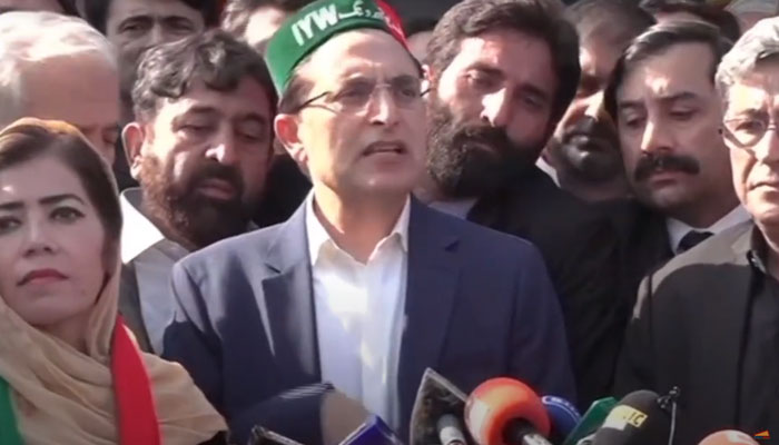Barrister Gohar Ali Khan speaks to the media after being elected PTI Chairman unopposed on Dec 2, 2023. —Screenshot of a YouTube video from a private news channel.