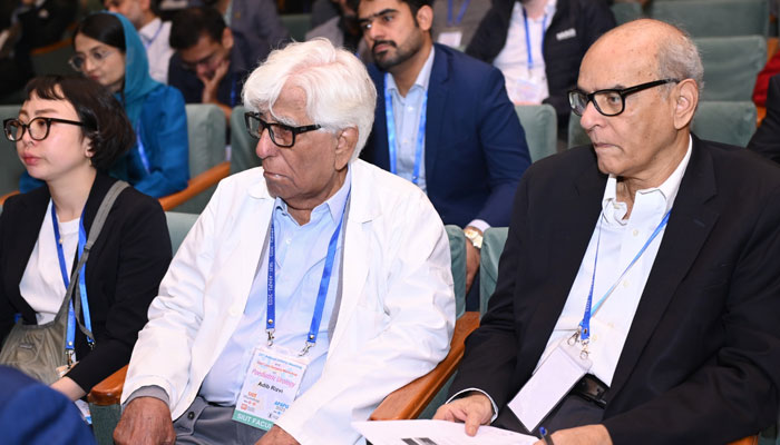 Prof Adib Rizvi, founder, and director of the SIUT (c) sits during the four-day Paediatric Urology Conference hosted by SIUT and APAPU on December 2, 2023.—Facebook/SIUT