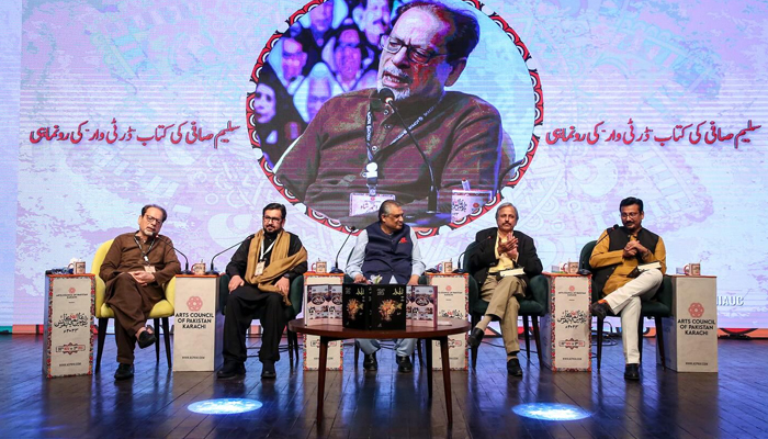 ACP President and caretaker minister Ahmad Shah speaks during the launch of journalist Saleem Safi’s book ‘Dirty War’ at the 16th Aalmi Urdu Conference in Karachi on December 3, 2023. — Facebook/AUC - Aalmi Urdu Conference