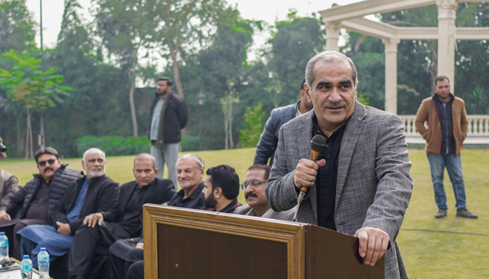 PMLNs central leader Khawaja Saad Rafique speaks during a party gathering on November 26, 2023. — Facebook/Khawaja Saad Rafique