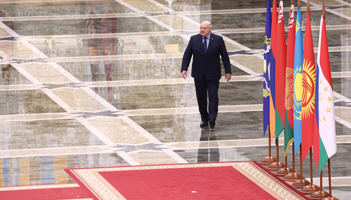 This photograph shows Belarusian President Alexander Lukashenko arriving to welcome leaders of the Collective Security Treaty Organisation before a meeting in Minsk on November 23, 2023. — AFP