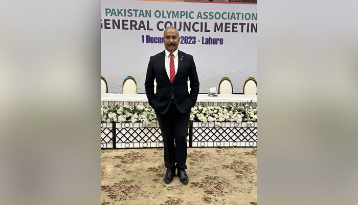 Pakistan Boxing Federation’s (PBF) secretary, Nasir Tung stands during the general council meeting of the Pakistan Olympic Association in Lahore on December 1, 2023. — Facebook/ @NasirTung