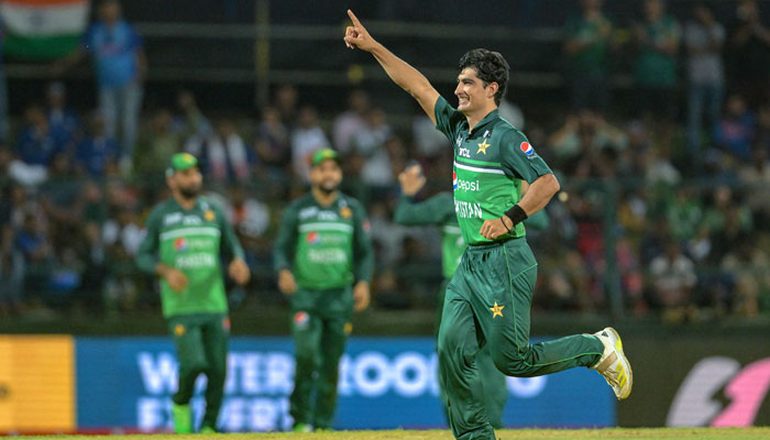 Naseem Shah celebrates after taking the wicket of India´s Shardul Thakur (not pictured) during the Asia Cup 2023 ODI cricket on September 2, 2023.—AFP