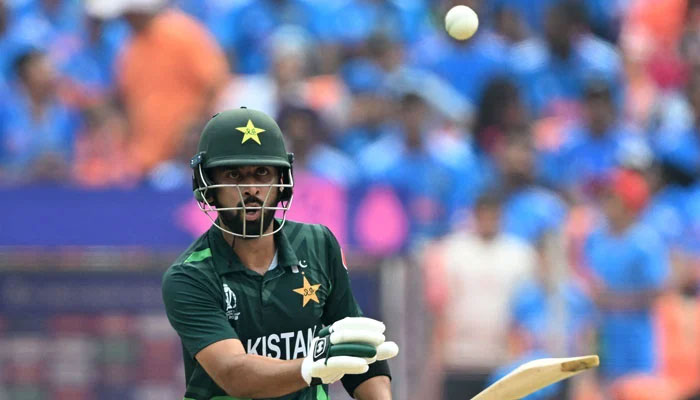 Pakistans Abdullah Shafique watches the ball after playing a shot during the 2023 ICC Mens Cricket World Cup ODI match between India and Pakistan in Ahmedabad on October 14, 2023. — AFP
