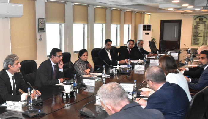 Caretaker Federal Minister for Finance, Revenue and Economic Affairs Dr Shamshad Akthar chairs a meeting of the IMF Technical Assistance Mission on December 6, 2023. — X/@Financegovpk