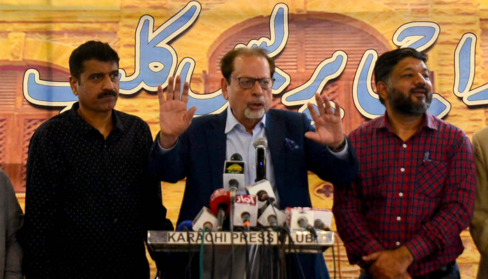 Caretaker Sindh Information Minister, Ahmad Shah addresses media persons at the Karachi press club on December 4, 2023. — PPI