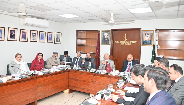 Provincial Health Minister Prof Dr Javed Akram chairs the 35th Syndicate meeting of Fatima Jinnah Medical University on December 7, 2023. — Facebook/Fatima Jinnah Medical University