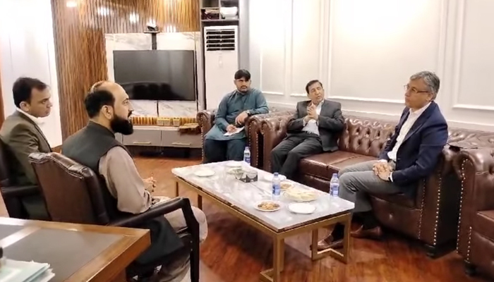 Sindh Caretaker Minister for Law and Auqaf Mohammad Omar Soomro chairs a meeting with officials of the Auqaf Department in this still on December 8, 2023. — Facebook/Barrister Muhammad Omer Soomro