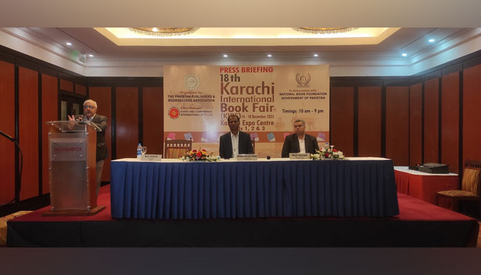 Chairman of Karachi International Book Fair and Urdu Academy Sindh, Mr. Aziz Khalid addresses a press conference at the 18th Karachi International Book Fair (KIBF) on December 11, 2023. — Facebook/Karachi International Book Fair