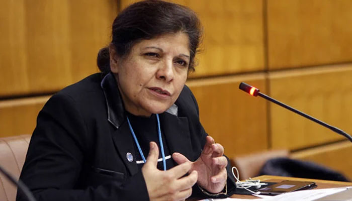 Caretaker Minister of Finance, Revenue and Economic Affairs Division, Dr Shamshad Akhtar while addressing a press conference on September 28, 2023, in Islamabad. — APP