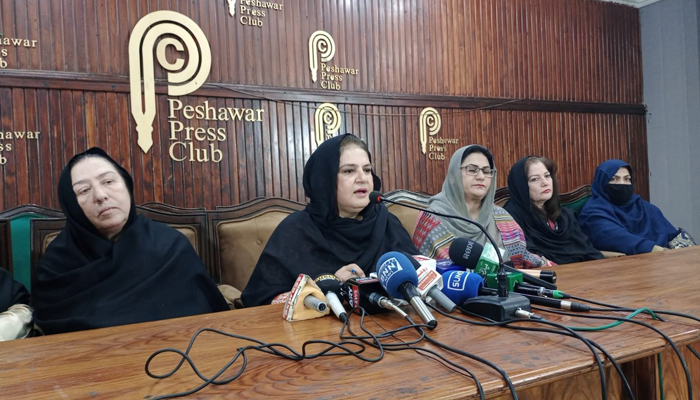 Pakistan People’s Party (PPP) KP Women Wing President Senator Rubina Khalid speaks during a presser in Peshawar on December 12, 2023. — Facebook/Rubina Khalid