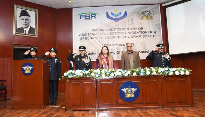 Federal Board of Revenue chairman Malik Amjed Zubair Tiwana stands as he presides over the ceremony of the 50th Specialized Training Program as the chief guest on December 12, 2023. — X/@FBRSpokesperson