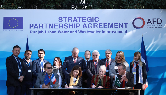 This image shows officials of Pakistan, the EU and France during the signing of a strategic agreement under the Building Back Better through Green Jobs Creation initiative on December 13, 2023. — Facebook/European Union in Pakistan