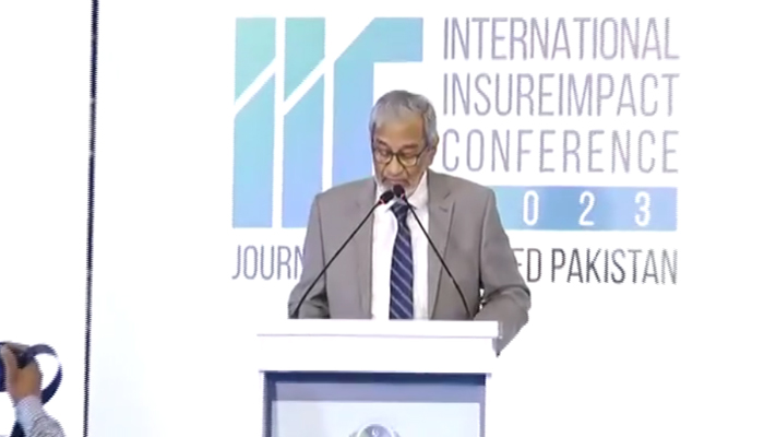 Sindh Caretaker CM Justice (retd) Maqbool Baqar addresses during the closing ceremony of the International Insure Impact Conference in Karachi on December 14, 2023. — Facebook/Sindh Chief Minister House