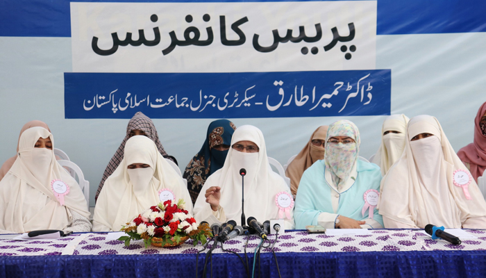 JI women wing’s secretary general Dr Humaira Tariq addresses a press conference at JI Karachi headquarters Idara Noor-e-Haq on December 13, 2023. — Facebook/Jamaat e Islami Karachi