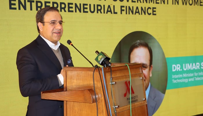 Federal Minister for Science & Technology, Dr Umar Saif addresses an event on December 8, 2023. — Facebook/Ministry Of IT & Telecom